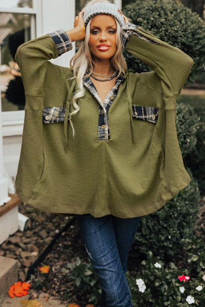 Olive Green Waffle Knit with Plaid Detailing Hooded Pullover with Pockets