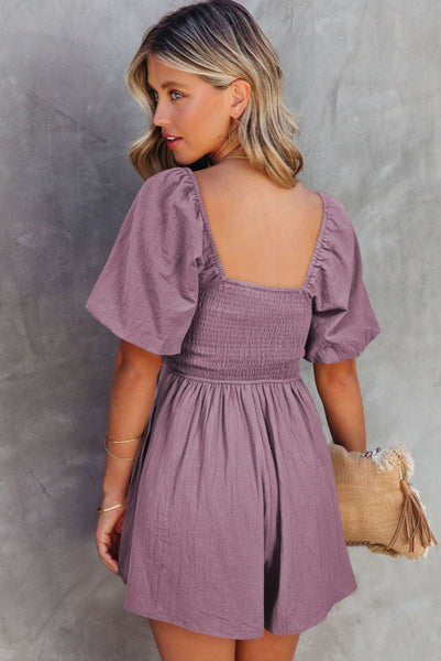 Dusty Lilac Flowy Square Neckline Romper with Ruched Bodice and Puff Sleeves