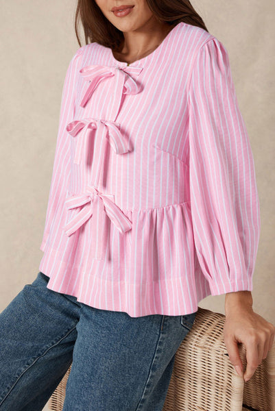 Pink Striped Tie Front Flowy Peplum Top