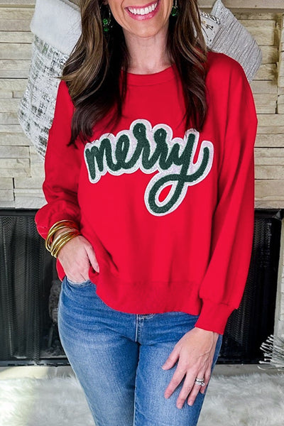 Contrast Script Merry Chenille Patch Lettering on Red Sweatshirt Pullover