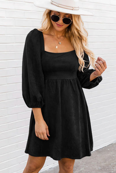 Black Sueded Square Neck Puff Sleeve Dress