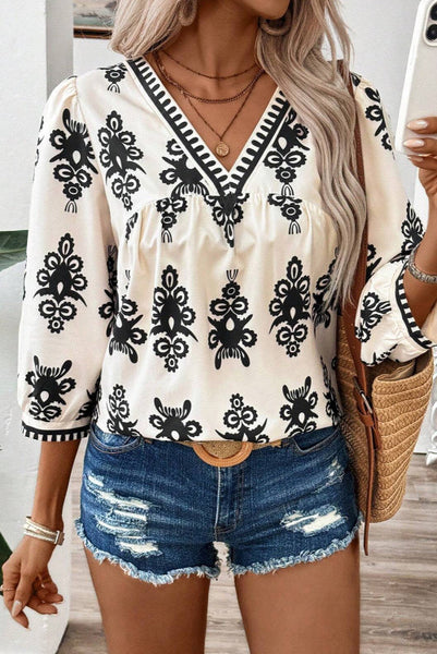 Vintage Print V-neck Top