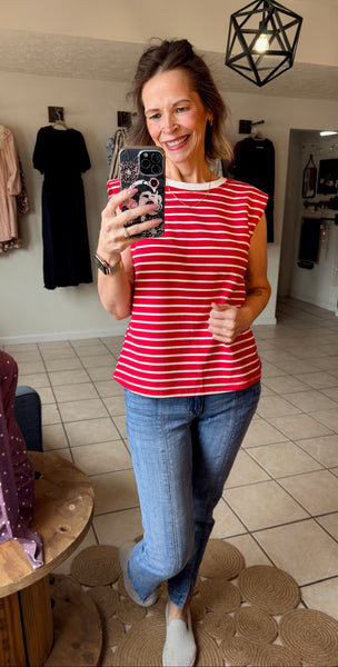 Red and White Striped Sleeveless Top with Contrast Trim