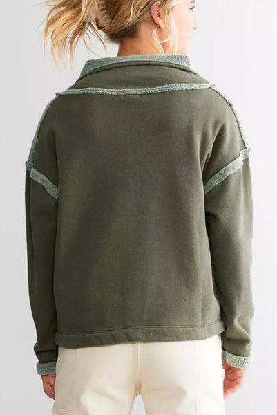 Olive Henley Style Mixed Materials Pullover