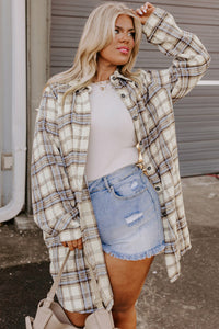 Curvy Cream and Blue Plaid Longer Length Shacket