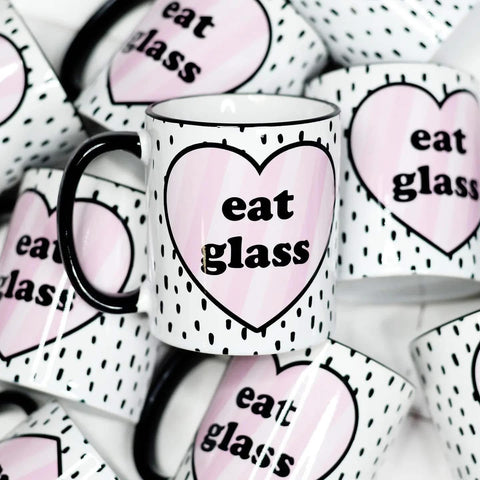 ‘Eat Glass’ Speckled Mug with Pink Heart