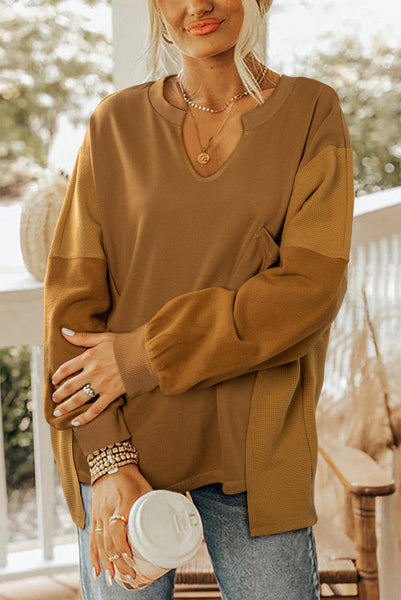 Rust Oversized Fit Mixed Material Pullover with Split V-neckline