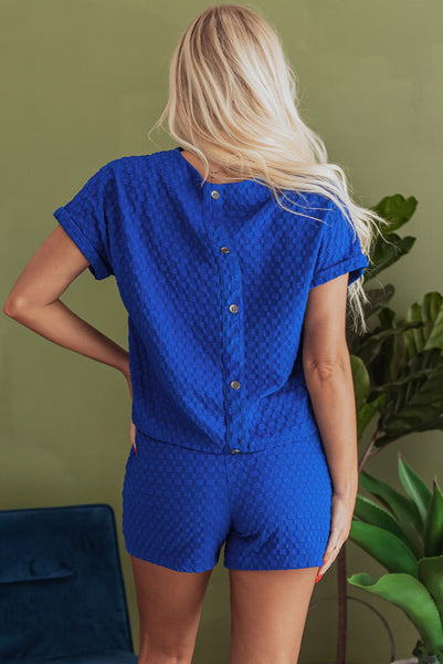 Royal Blue Textured Short Sleeve Top and Shorts Loungewear Set