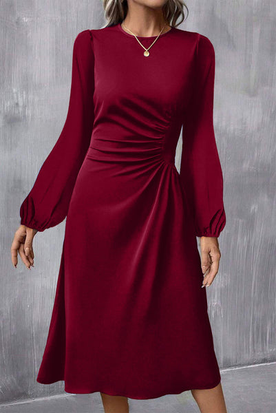 Burgundy Ruched Detail Long Sleeve Midi Dress