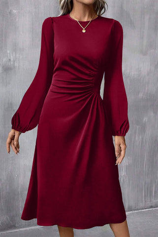 Burgundy Ruched Detail Long Sleeve Midi Dress
