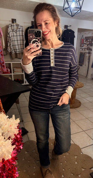 Navy Blue and White Striped Long Sleeve Waffle Textured Top