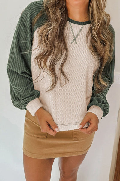 Beige and Green Colorblock Long Sleeve Top