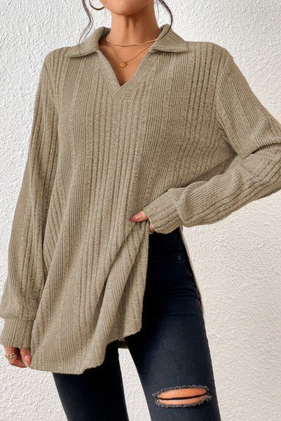 Heathered Taupe Collared Tunic with Side Slits - Ribbed