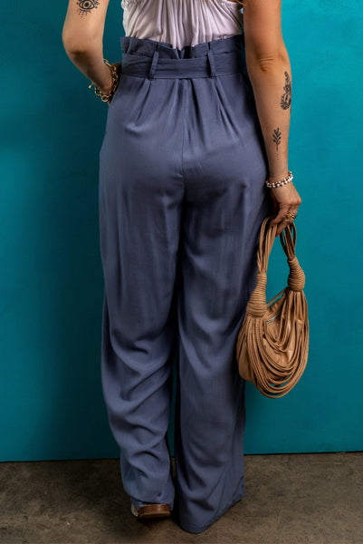 Blue Paper Bag Waist Belted Pants