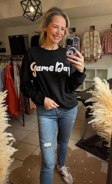 Black with White Chenille Game Day Graphic Sweatshirt Pullover - Sports Mom