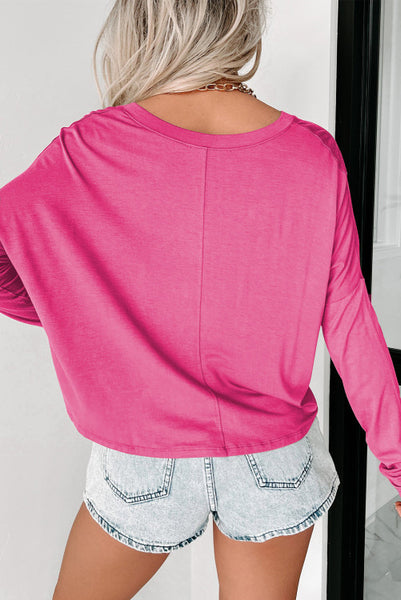Rose Pink Shorter Length V-neck Long Sleeve Top