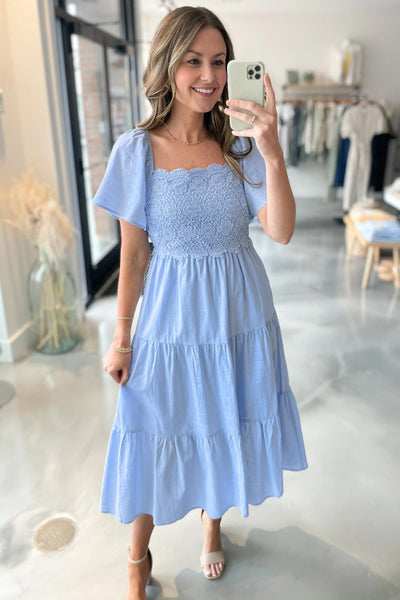 Light Blue Square Neck Lace Detail Dress with Flowy Sleeves and Tie Back