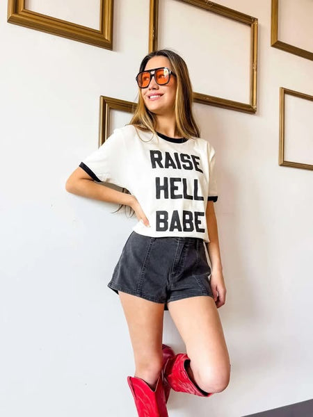 RAISE HELL BABE Graphic Printed on Cream with Black Contrast Trim Tee - Next Level Apparel