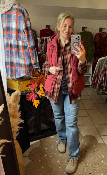 Brown and Red Plaid Super Soft Zip Up Shacket