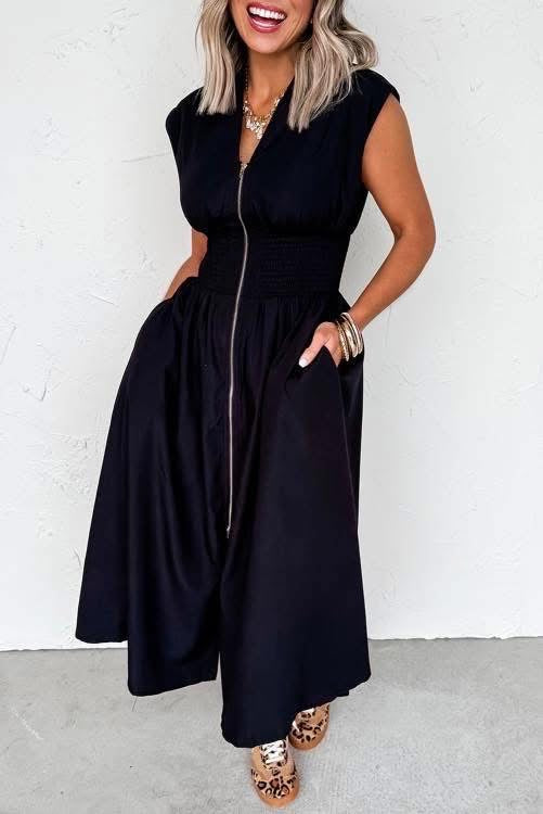 Black Shirred Waist Zip Up Maxi Dress