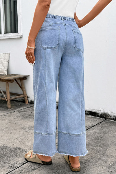 Light Wash Drawstring Waist Raw Hem Wide Leg Denim Ankle Length Jeans