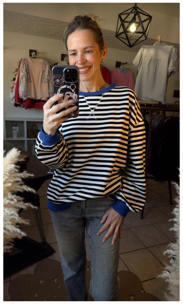 Black Striped Long Sleeve Pullover with Contrasting Trim - Game Day - Kentucky - North Hardin - Trojans - Wildcats