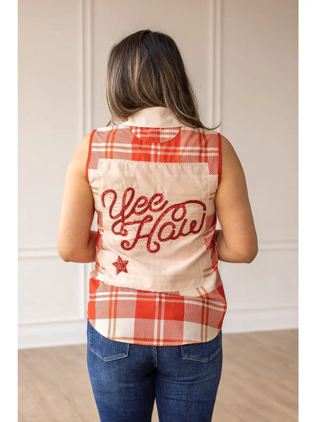 Red Plaid Sleeveless Collared Button Up Top with Sequin Embellishments - Can I Get a ‘Yee Haw’