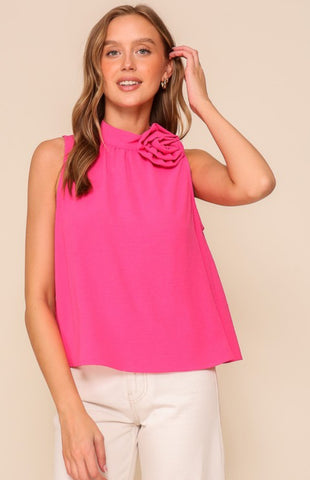 Pink Sleeveless Swing High Neck Top with Detachable Flower