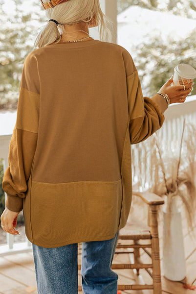 Rust Oversized Fit Mixed Material Pullover with Split V-neckline