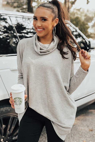 Gray Cowl Neck Loose Fit Tunic Long Sleeve Top