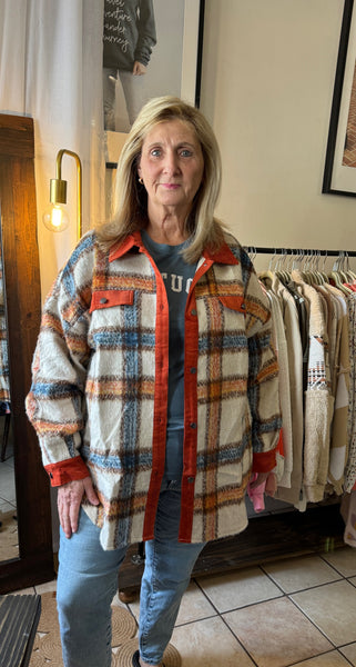 Curvy Orange and Blue Plaid Cozy Button Up Shacket