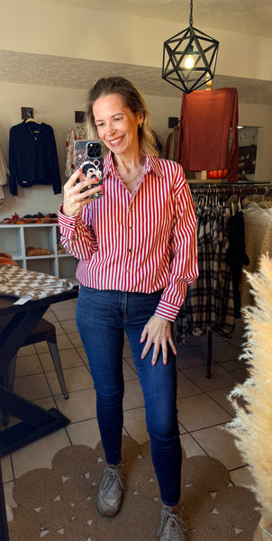 Red and White Striped Button Up Long Sleeve Top