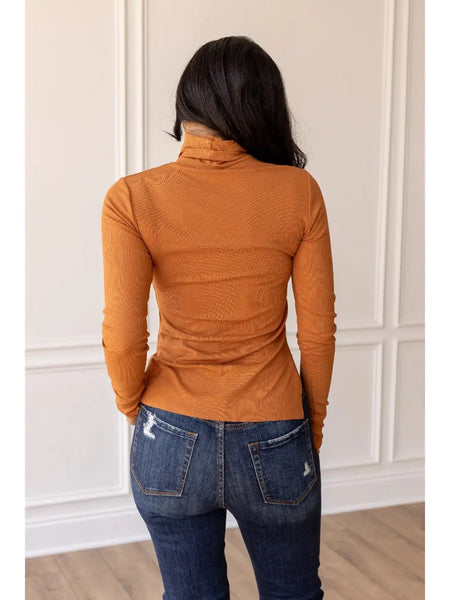 Rust Fitted Long Sleeve Turtleneck with Side Slits