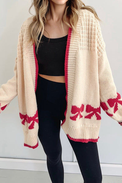 Bow Print Textured Open Front Cardigan
