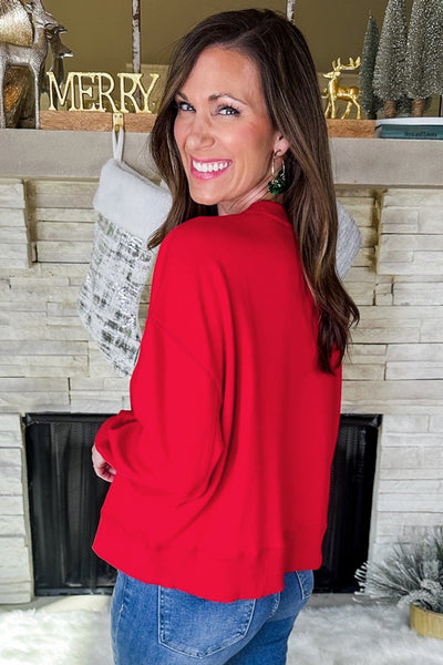 Contrast Script Merry Chenille Patch Lettering on Red Sweatshirt Pullover