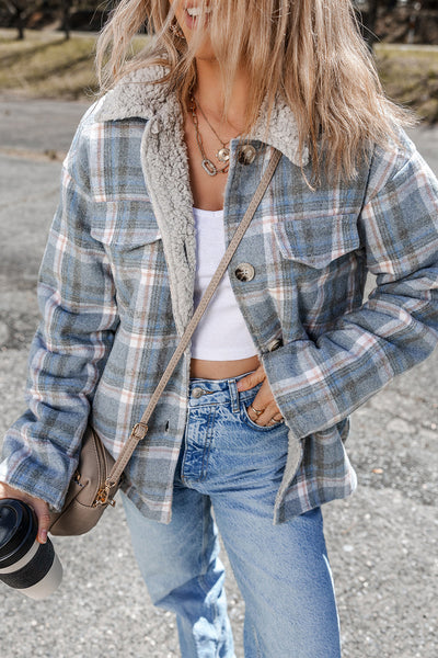 Light Blue Plaid Sherpa Lined Button Up Shacket