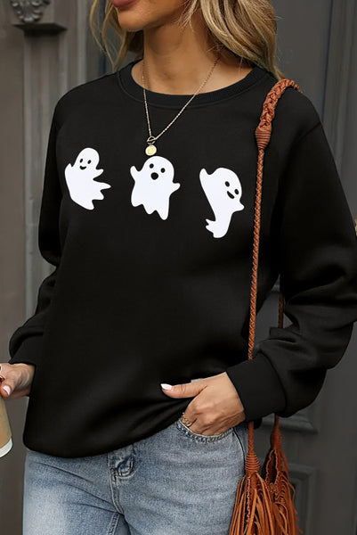 Friendly Ghost Trio Crewneck Sweatshirt Pullover - Black Halloween Crewneck Sweatshirt