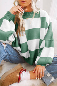 Green and White Checkered Relaxed Fit Sweater