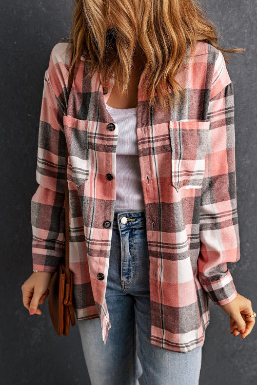 Pink Plaid Flannel Button Up Top