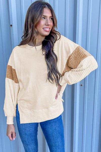 Cream Pullover with Super Soft Corduroy Colorblocking