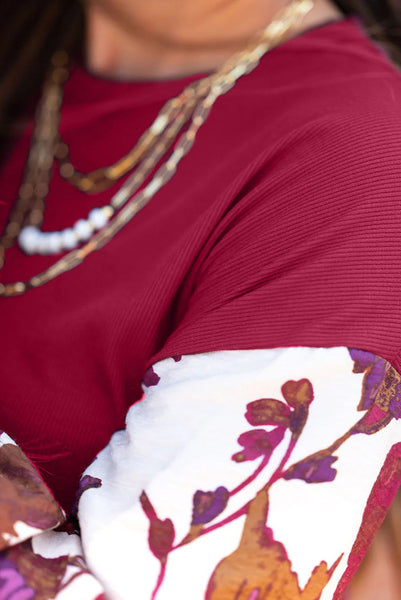 Red Dahlia Ribbed Long Sleeve Top with Floral Contrasting Sleeves