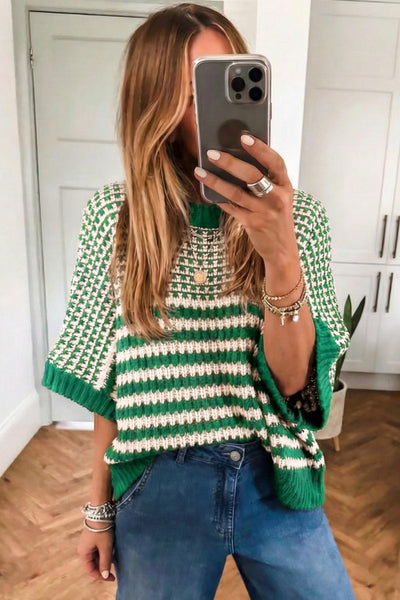 Green Striped Colorblock 3/4 Draped Sleeve Relaxed Sweater