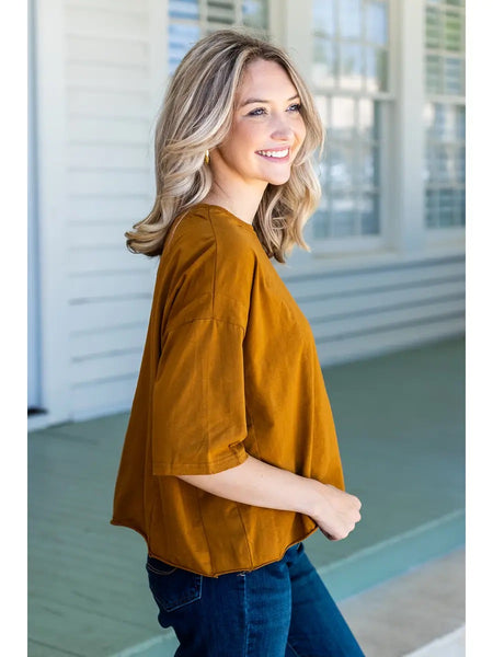 Rust Short Sleeve Shorter Length Top with Raw Hemline and Distressed Edging - Cropped