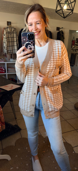 Khaki Houndstooth Button Front Sweater Knit Cardigan with Patch Pockets
