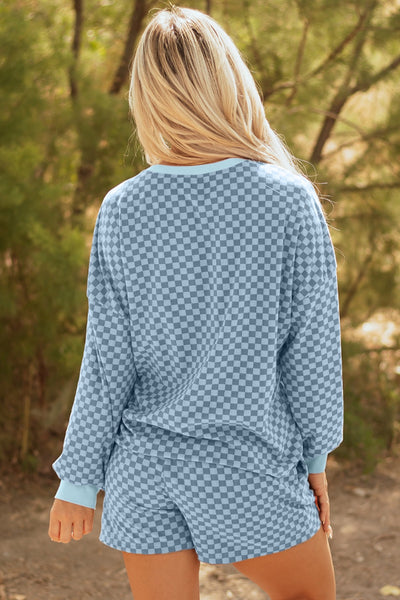 Blue Checkered Long Sleeve Top and Shorts Set