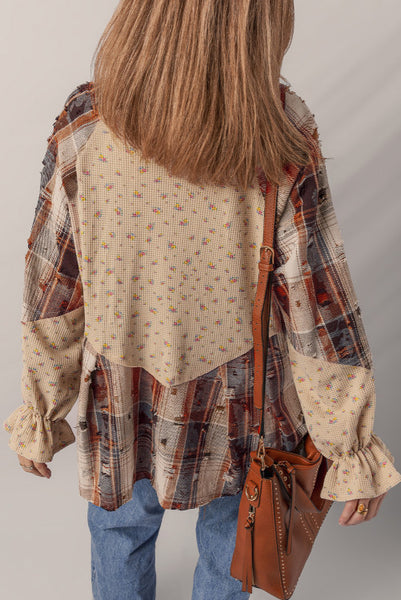 Blue Boho Floral and Plaid Patchwork Distressed Detail Ruffled Sleeve Waffle Knit Shacket