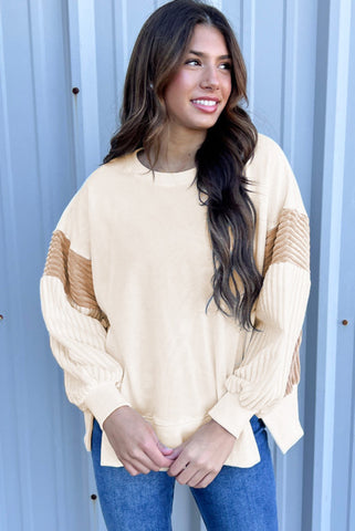 Cream Pullover with Super Soft Corduroy Colorblocking