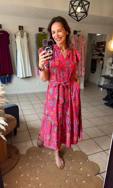 Rose Pink Floral Ruffle Sleeve Belted Midi Dress