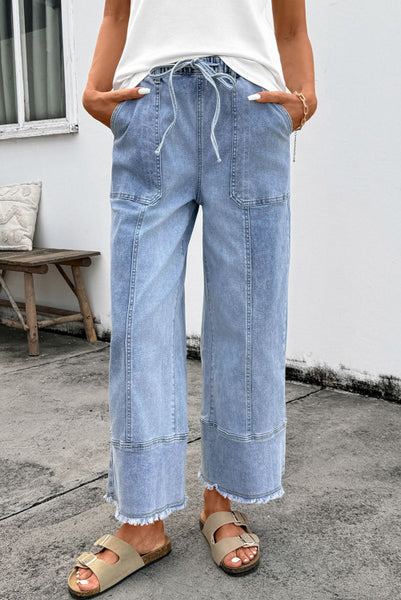 Light Wash Drawstring Waist Raw Hem Wide Leg Denim Ankle Length Jeans