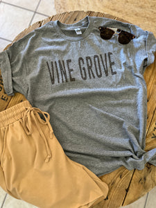 ‘Vine Grove’ Leopard Print Lettering Tee - T-shirt - Heathered Charcoal - Animal Print - Cheetah - Support Local